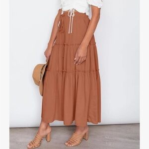 Size S, Boho Elastic High Waist A Line Ruffle Swing, Maxi Skirt w/ Pockets